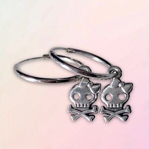 Skull, Crossbones & Bow, Simple Silver Mini Charm, Hoop Earrings